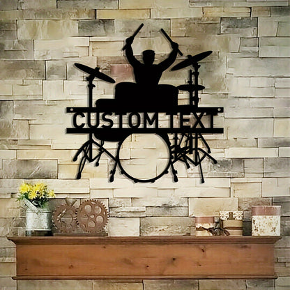 Personalized metal wall art with drum set design, perfect gift for musicians, easy to install with no power needed.