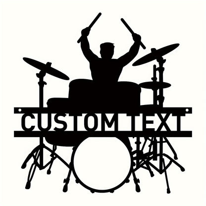 Personalized metal wall art with drum set design, perfect gift for musicians, easy to install with no power needed.