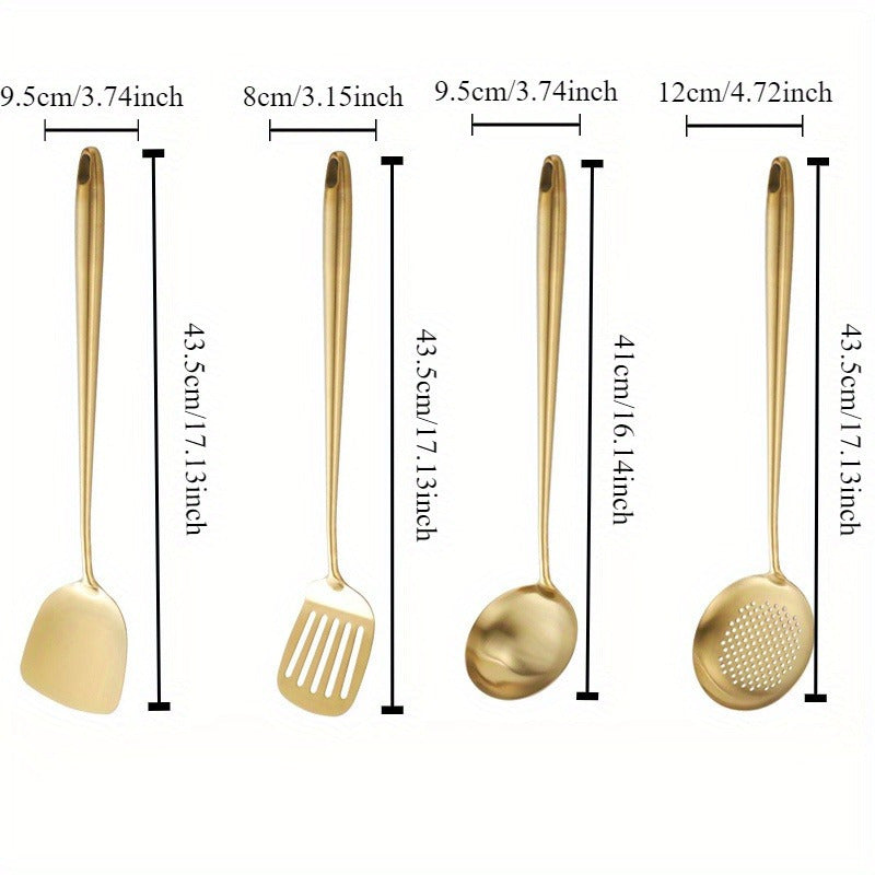 4 ta oltin zanglamas po'latdan yasalgan oshxona asboblari to'plami - kengaytirilgan spatula, qozon qoshiq, teshikli aylantiruvchi va sho'rva qoshiqni o'z ichiga oladi - pishirish va xizmat ko'rsatish uchun issiqqa chidamli