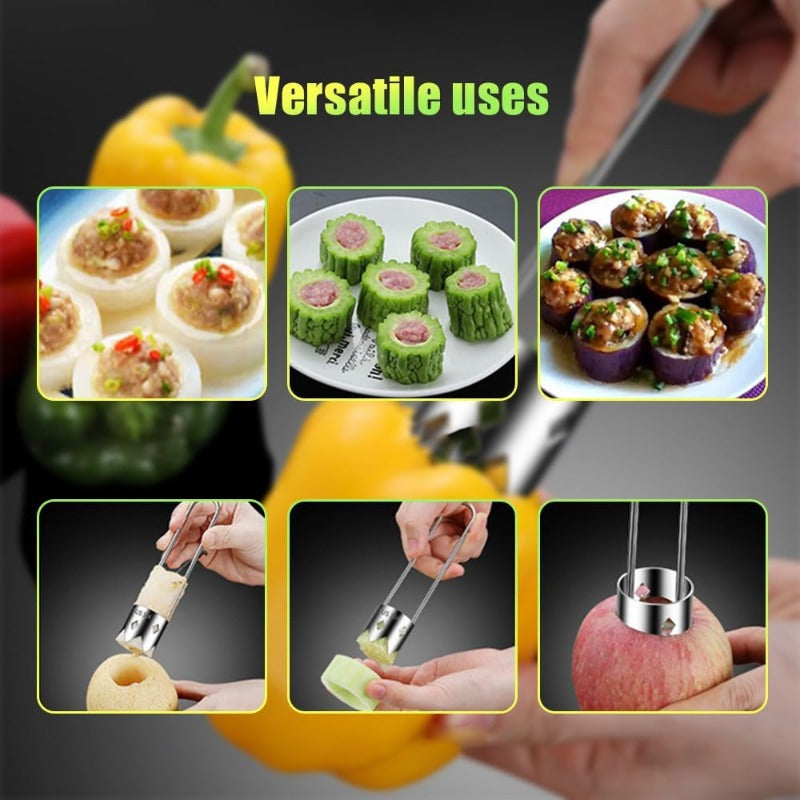 Stainless steel fruit corer for easy peeling and slicing fruits and vegetables.