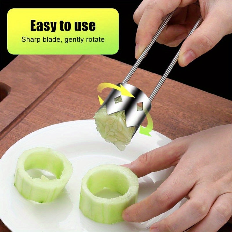 Stainless steel fruit corer for easy peeling and slicing fruits and vegetables.