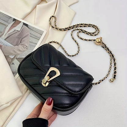 Stylish black quilted crossbody bag with golden-tone clasp, synthetic leather, perfect for casual or formal outfits, everyday elegance.