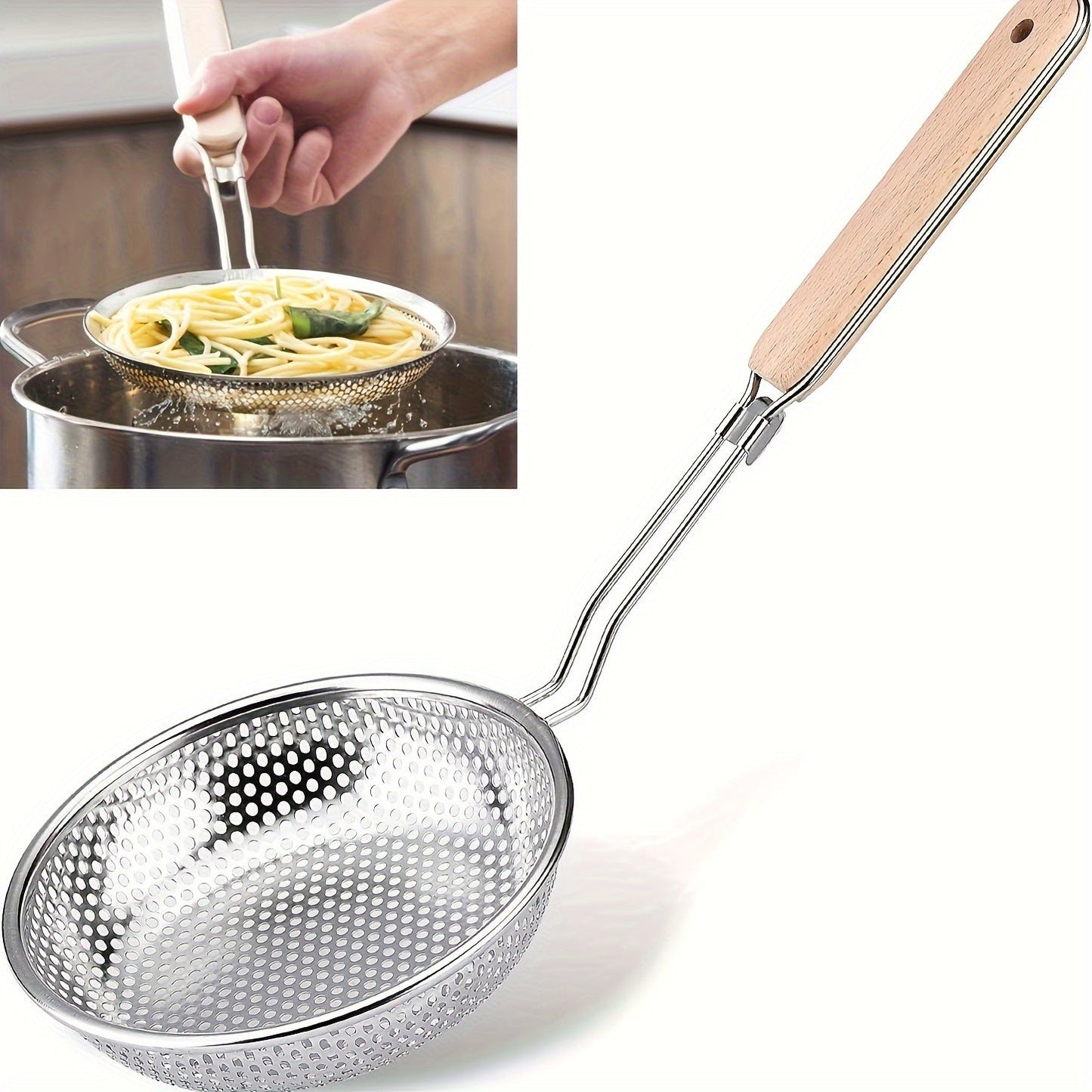 Top-quality Stainless Steel Colander with Wooden Handle - Strainer Spoon with Fine Mesh for Cooking, Meal Preparation & Oil Straining - Great for Spaghetti & Ramen, Excellent for Household and Dining Establishments.