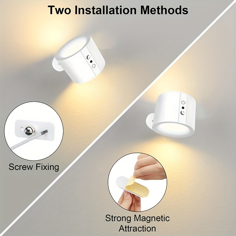 1pc HOTU LED Magnetic Wall Lamp with dual-sided illumination, 360° rotatable, 3-color adjustable, touch remote, USB rechargeable, for indoor lighting.