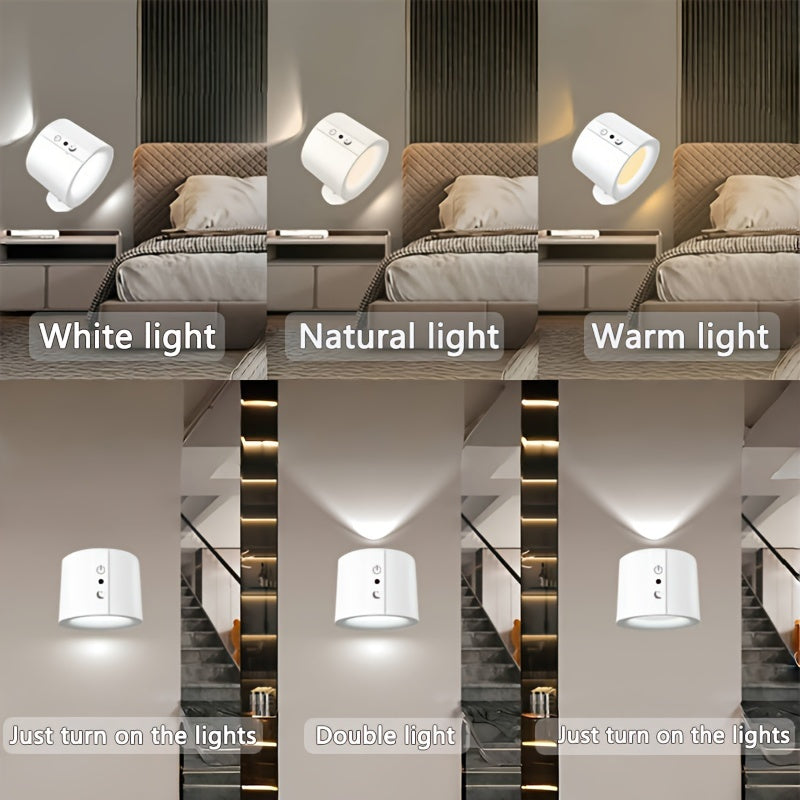 1pc HOTU LED Magnetic Wall Lamp with dual-sided illumination, 360° rotatable, 3-color adjustable, touch remote, USB rechargeable, for indoor lighting.