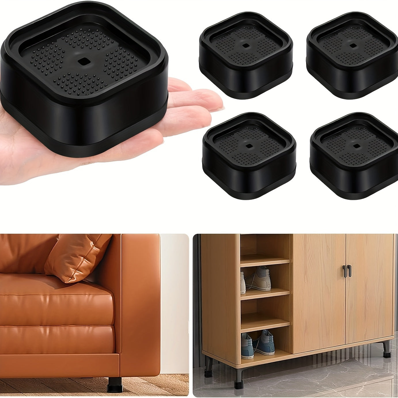 Black Stackable Heavy Furniture Lifters: Adjustable Bed Lifters with Square Design, 3.17cm High, Ideal for Table Legs, Tables, Sofas, Chairs, and Bed Frames