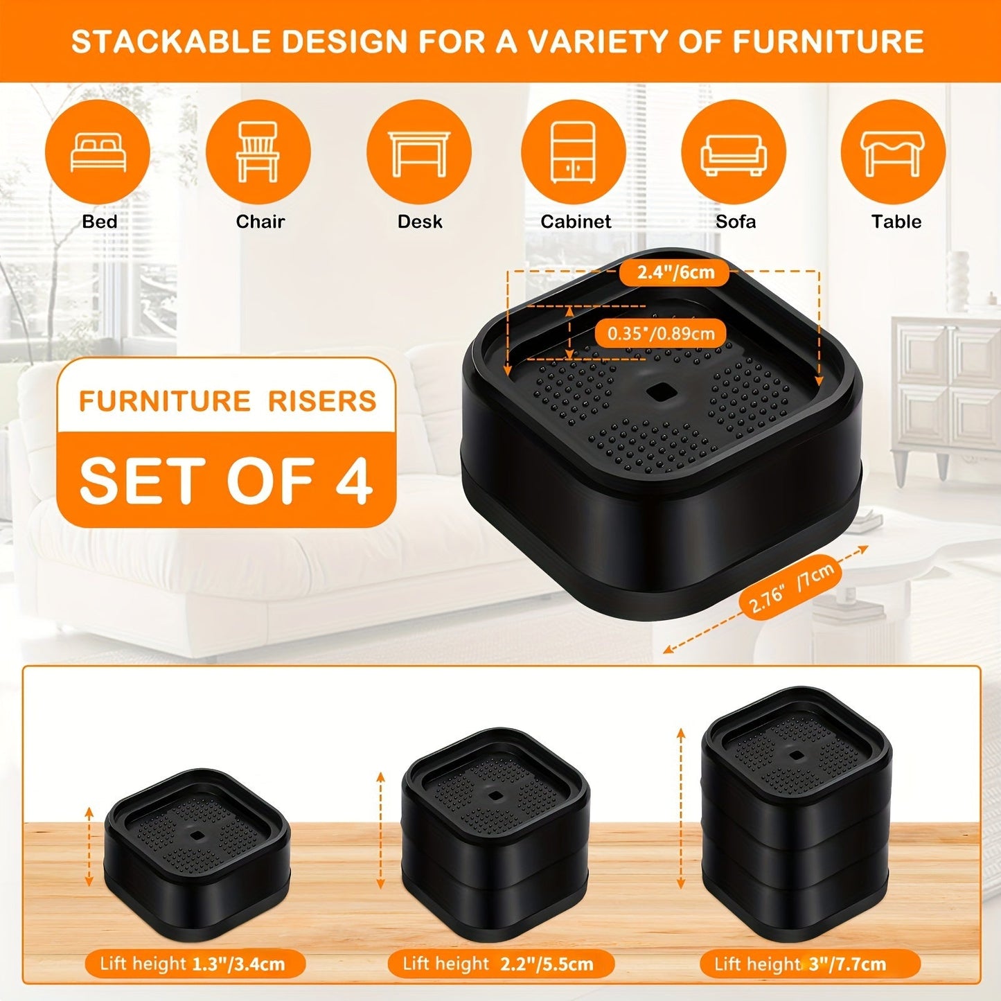 Black Stackable Heavy Furniture Lifters: Adjustable Bed Lifters with Square Design, 3.17cm High, Ideal for Table Legs, Tables, Sofas, Chairs, and Bed Frames