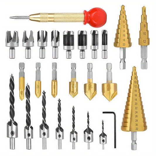 Stainless steel drill bit set includes tower drill, center punch, woodworking three-edge drill, five-flute counterbore, and wood plug drills.