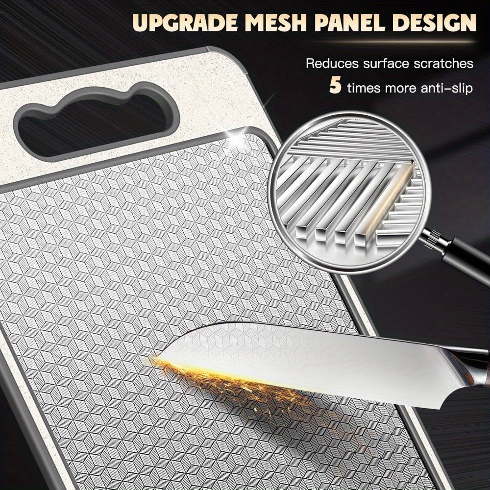 Durable Stainless Steel Double-Sided Cutting Board for Kitchen Use, Features Scratch-Resistant Mesh Design, Juice Groove, Non-Slip Silicone Wrap, and is Safe for Dishwasher Cleaning