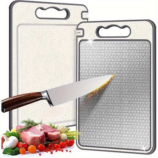 Durable Stainless Steel Double-Sided Cutting Board for Kitchen Use, Features Scratch-Resistant Mesh Design, Juice Groove, Non-Slip Silicone Wrap, and is Safe for Dishwasher Cleaning