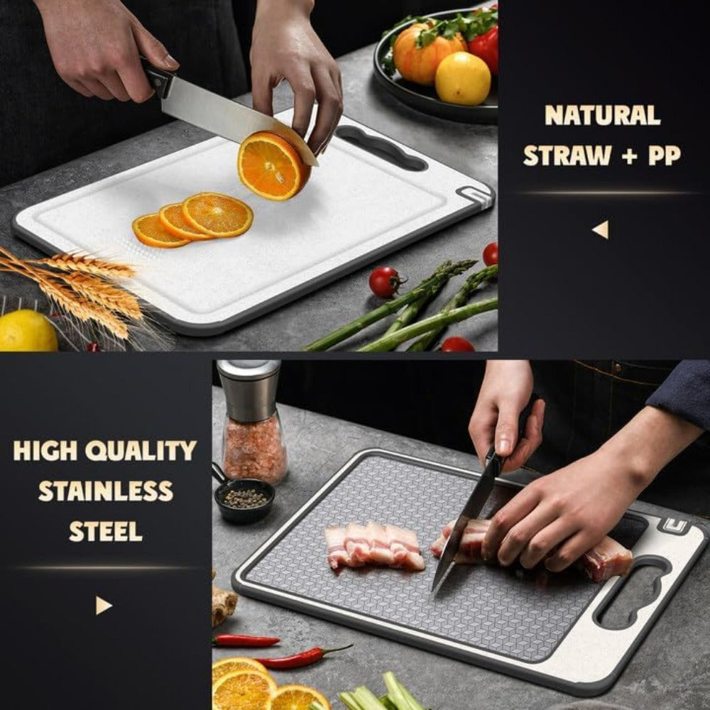 Durable Stainless Steel Double-Sided Cutting Board for Kitchen Use, Features Scratch-Resistant Mesh Design, Juice Groove, Non-Slip Silicone Wrap, and is Safe for Dishwasher Cleaning