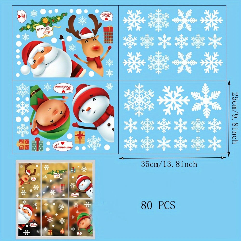 80 pieces of Christmas Snowflake Window Cling Stickers for Glass, Xmas Decals for Holiday Decorations featuring Snowflakes, Santa Claus, and Reindeer.