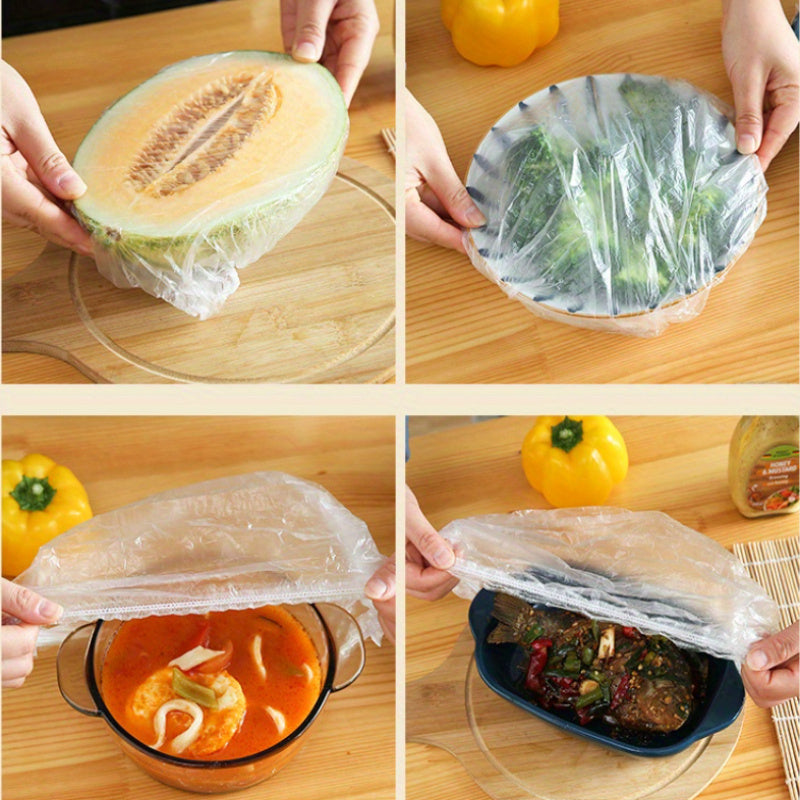 100 BPA-free plastic food covers in multiple sizes for sealing fruit, meals, and leftovers, providing durable, transparent, leak-proof freshness for the kitchen and dining.