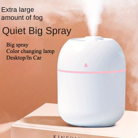 USB-powered 220ML aroma diffuser & humidifier with cold mist for room freshness and plant health. Quiet big spray plastic diffuser with color-changing lamp. Suitable for desk and car use.