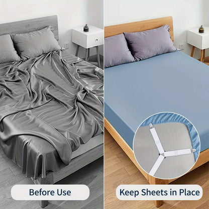 Two adjustable cross bed sheets with elastic sheet clips, featuring a triangular design that is suitable for all mattresses. These safety fixers are made of braided fabric and are machine washable. They offer multiple installation methods for convenience.