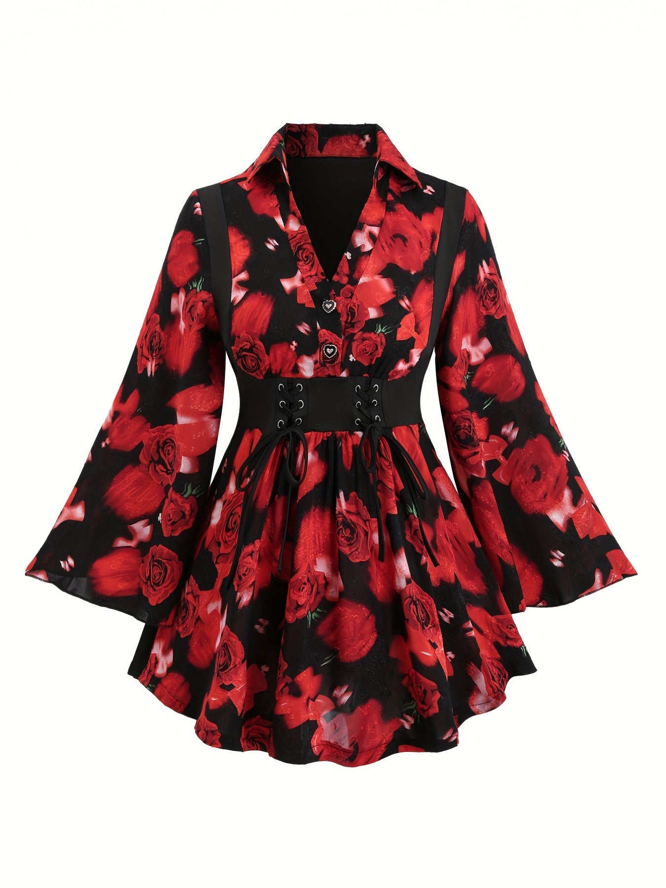 Plus Size Floral Print Button Front Blouse for Spring & Fall, Elegant Long Sleeve Women's Clothing.