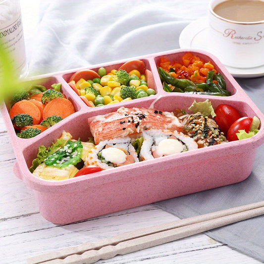 Wheat Straw Lunch Box with 4 Compartments - Free of BPA, Eco-Friendly Food Storage Container for Adults, Microwave-Safe, Transparent Lid