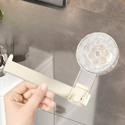 Suction cup toilet paper holder for no-drill installation. Made of plastic for kitchen and bathroom use. Can also be used as a towel organizer rack.