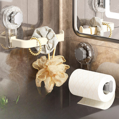 Suction cup toilet paper holder for no-drill installation. Made of plastic for kitchen and bathroom use. Can also be used as a towel organizer rack.