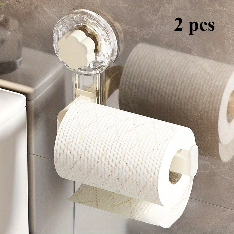 Suction cup toilet paper holder for no-drill installation. Made of plastic for kitchen and bathroom use. Can also be used as a towel organizer rack.