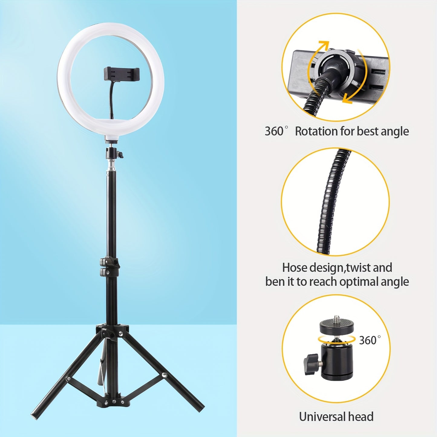 10" LED ring light kit with tripod stand, USB powered for selfies, live streaming, photography, vlogging, and makeup.