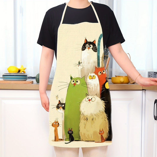 Whimsical Cartoon Cats Linen Apron - Sleeveless & Durable Chef's Apron with Vibrant Feline Illustrations. Perfect Gift for Cat Lovers for Holidays.