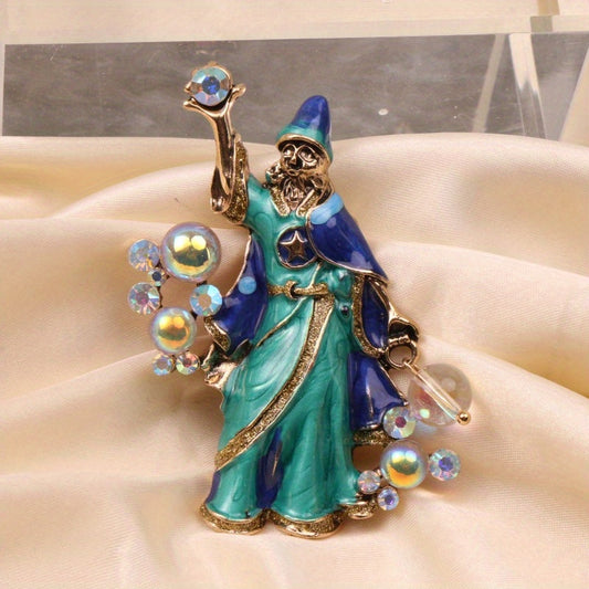 Elegant Vintage Enamel Crystal Sorcerer Pin with Rhinestone Accents, Irregular Shape, Novely Fashion Brooch for Women - Retro Lady Palace Style Accessory