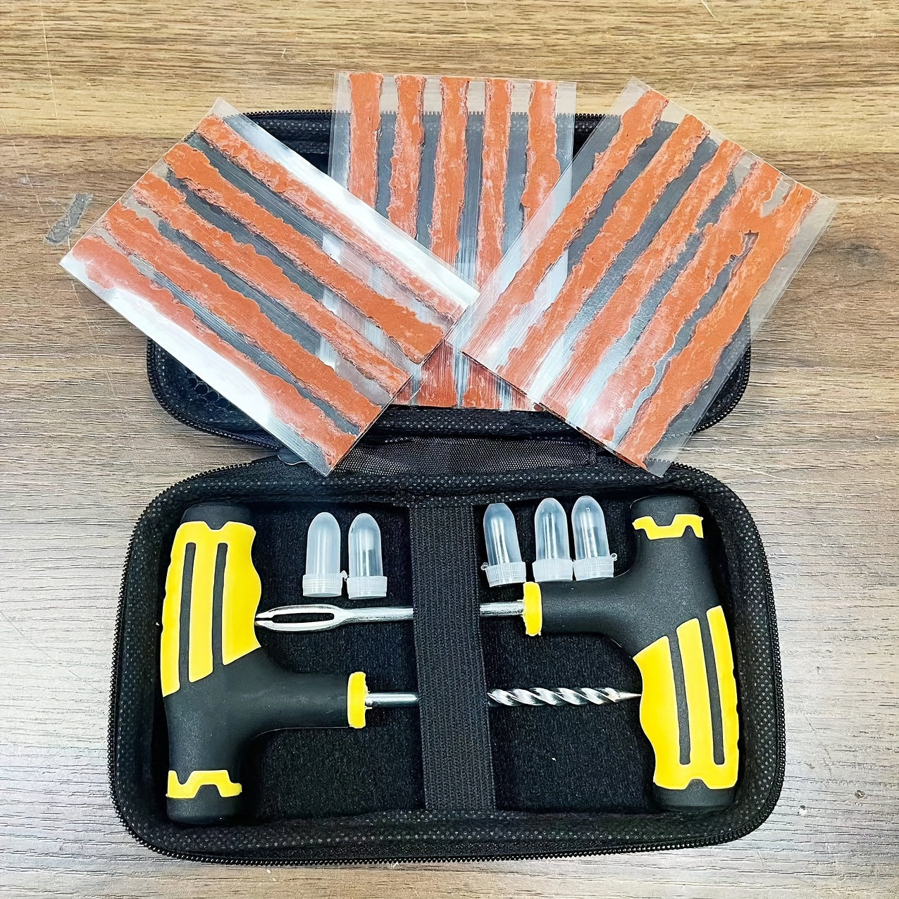 Car Tire Repair Kit with Tools, Patches, and Sealant for Quick Fixes. Easy-to-Use.