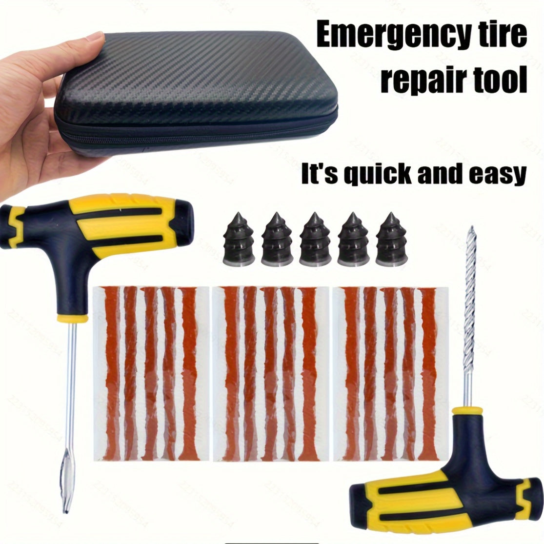 Car Tire Repair Kit with Tools, Patches, and Sealant for Quick Fixes. Easy-to-Use.