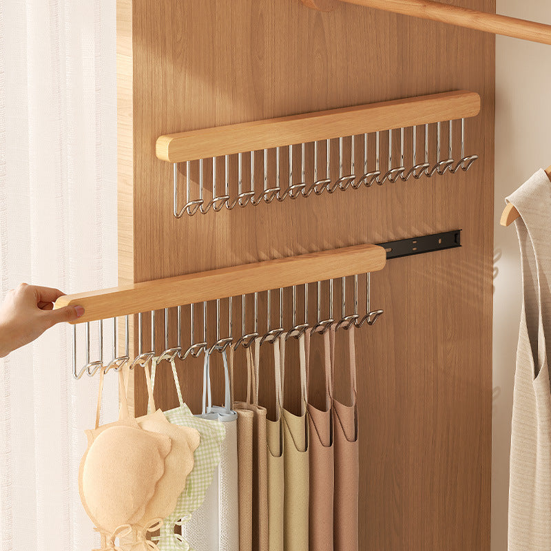 High-quality polished wood wall hanger featuring pull-out hooks for convenient storage of underwear and vests. This space-saving closet organizer includes a metal rod, perfect for use in the home or kitchen to keep your clothes organized.