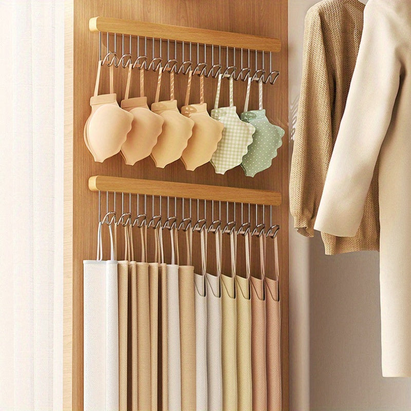 High-quality polished wood wall hanger featuring pull-out hooks for convenient storage of underwear and vests. This space-saving closet organizer includes a metal rod, perfect for use in the home or kitchen to keep your clothes organized.