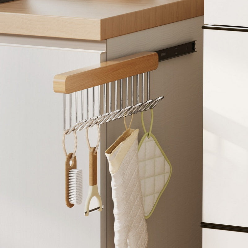 High-quality polished wood wall hanger featuring pull-out hooks for convenient storage of underwear and vests. This space-saving closet organizer includes a metal rod, perfect for use in the home or kitchen to keep your clothes organized.