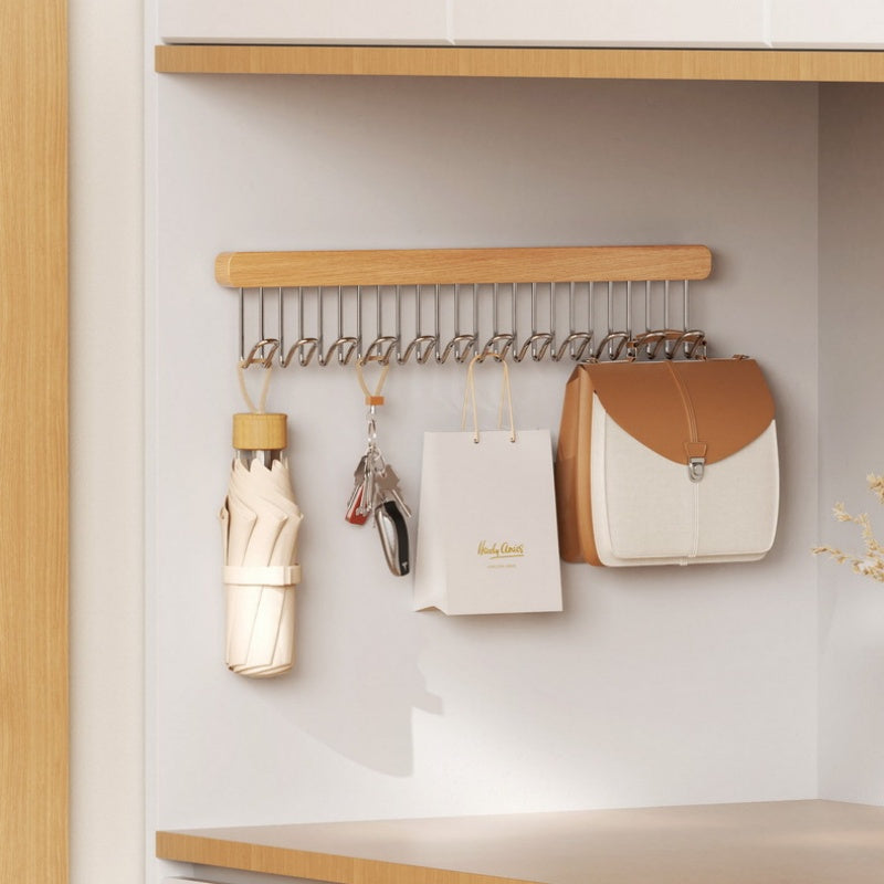 High-quality polished wood wall hanger featuring pull-out hooks for convenient storage of underwear and vests. This space-saving closet organizer includes a metal rod, perfect for use in the home or kitchen to keep your clothes organized.