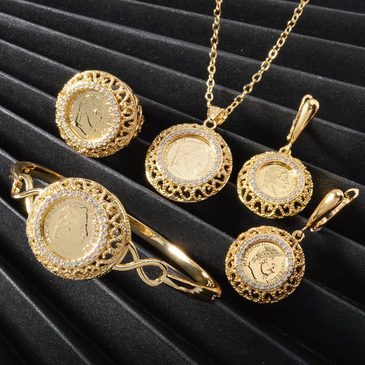 Beautiful Vintage Jewelry Set with Sparkling Synthetic Zirconia and Hollow Design, Made from Copper Material. Set includes Necklace, Earrings, Bracelet, and Ring, Ideal for Weddings and Gift Giving.