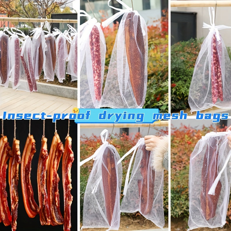 Five pieces of nylon mesh bags designed for storing meat, fruit, and seeds. These bags are durable and designed to keep insects and flies out, making them the perfect organizer for your kitchen. They can also be used as drying racks.