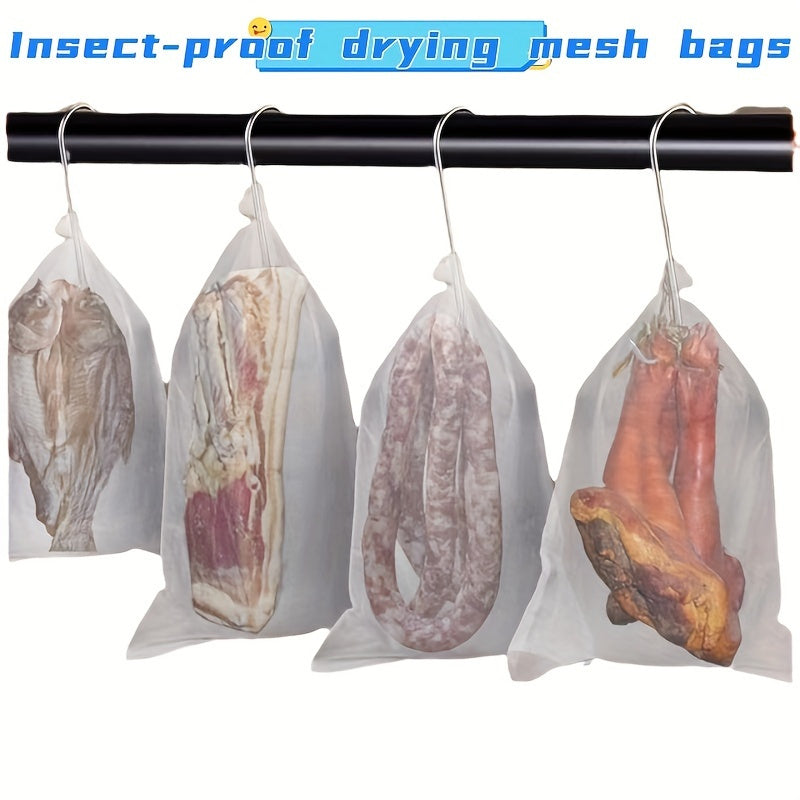 Five pieces of nylon mesh bags designed for storing meat, fruit, and seeds. These bags are durable and designed to keep insects and flies out, making them the perfect organizer for your kitchen. They can also be used as drying racks.