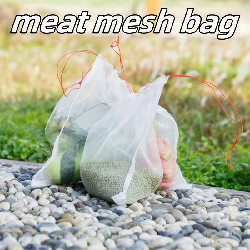 Five pieces of nylon mesh bags designed for storing meat, fruit, and seeds. These bags are durable and designed to keep insects and flies out, making them the perfect organizer for your kitchen. They can also be used as drying racks.