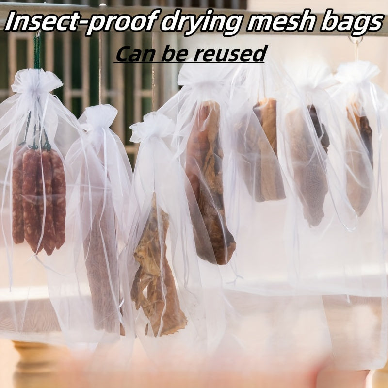 Five pieces of nylon mesh bags designed for storing meat, fruit, and seeds. These bags are durable and designed to keep insects and flies out, making them the perfect organizer for your kitchen. They can also be used as drying racks.