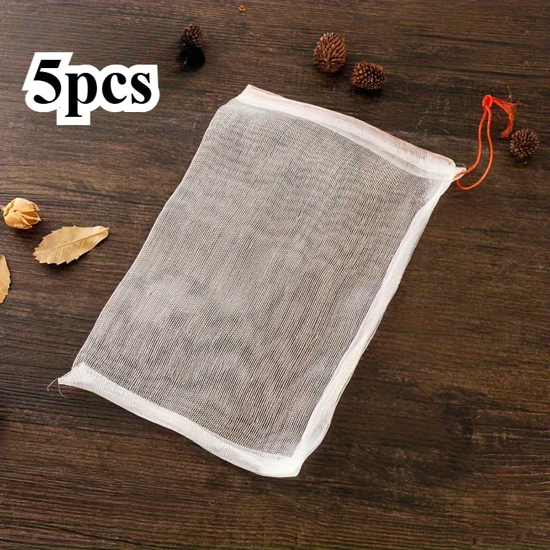 Five pieces of nylon mesh bags designed for storing meat, fruit, and seeds. These bags are durable and designed to keep insects and flies out, making them the perfect organizer for your kitchen. They can also be used as drying racks.