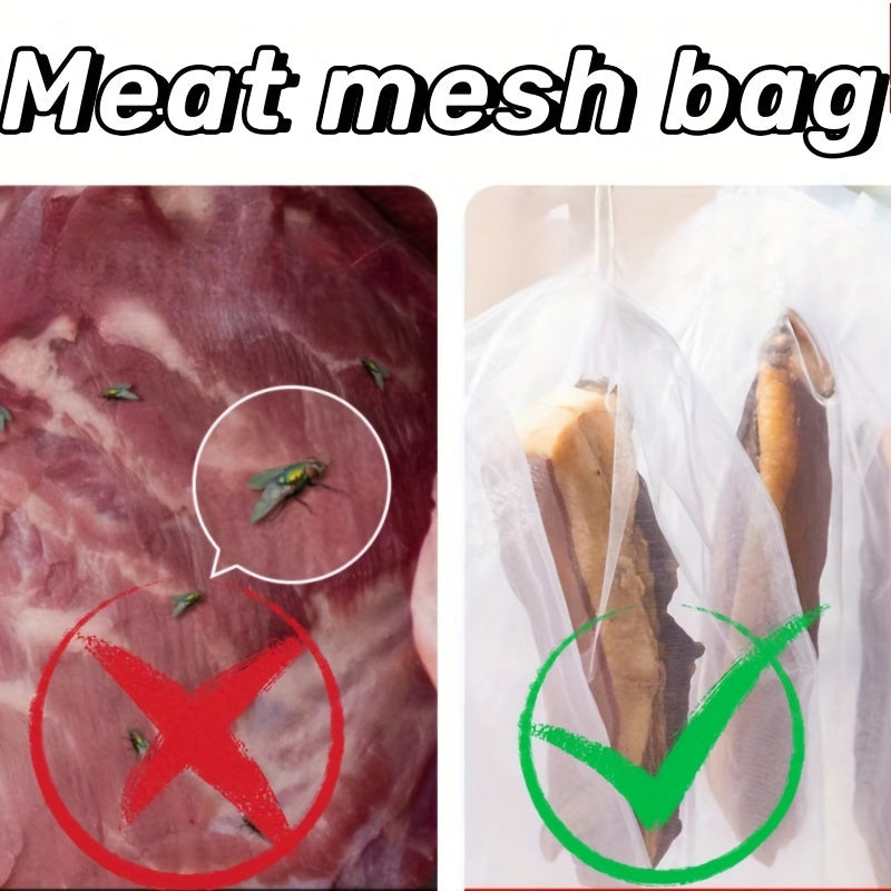 Five pieces of nylon mesh bags designed for storing meat, fruit, and seeds. These bags are durable and designed to keep insects and flies out, making them the perfect organizer for your kitchen. They can also be used as drying racks.