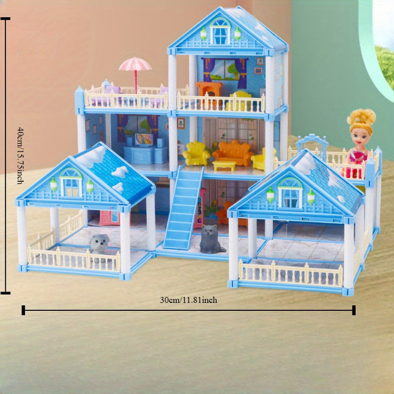 Girl playing with a dollhouse toy set in a children's simulation room, resembling a princess castle villa; ideal as a birthday gift.