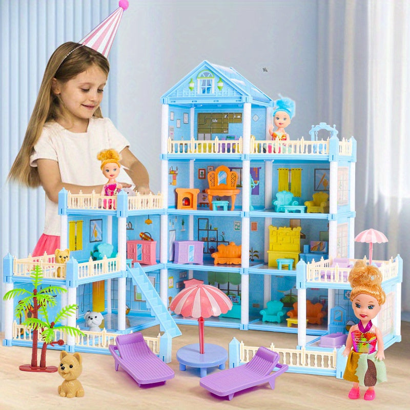 Girl playing with a dollhouse toy set in a children's simulation room, resembling a princess castle villa; ideal as a birthday gift.