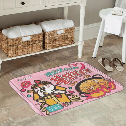 Stay in Place with Samyang Carbonara Ramen Doormat - Rectangular Flannel Mat for Bedroom Entrance, Cute Cartoon Design, Easy to Clean Home Decor