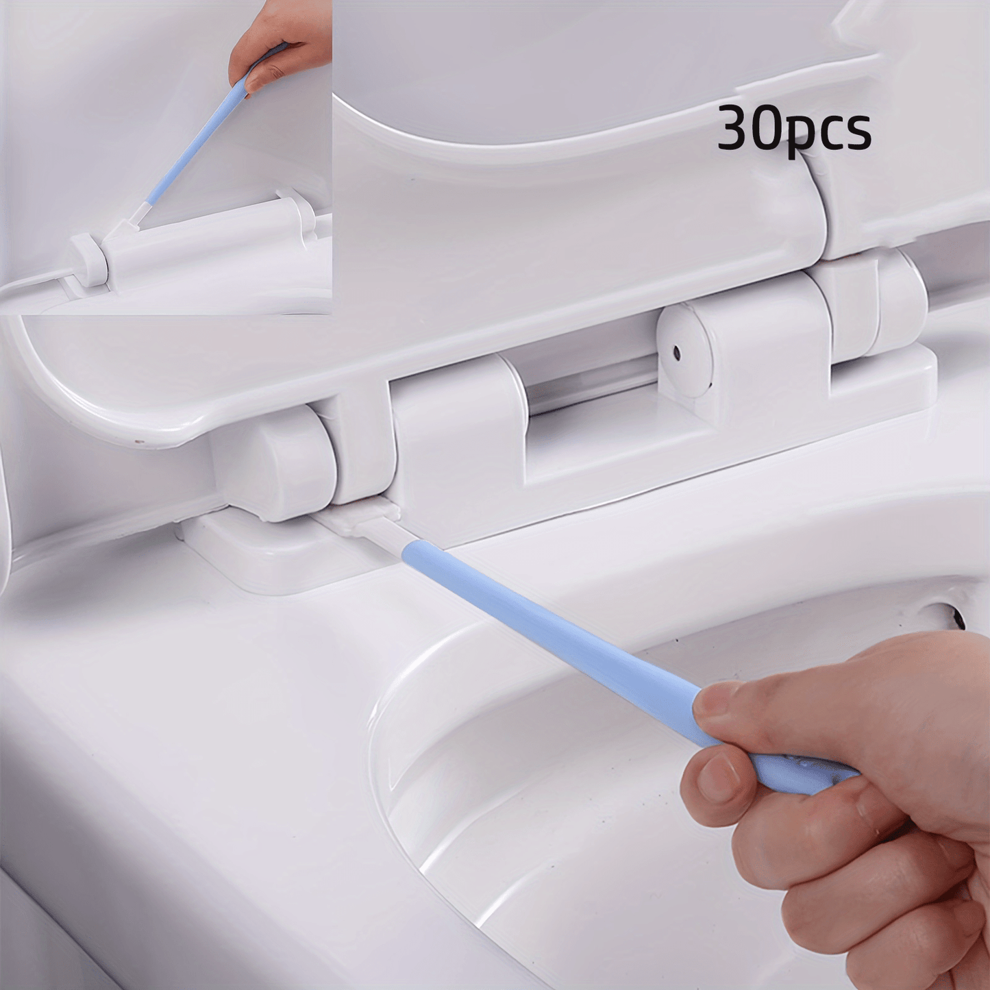 A multipurpose cleaning kit featuring 30 disposable crevice cleaning brushes with 1 handle. Ideal for cleaning gaps in bathrooms, kitchens, cars, and furniture without the need for electricity.