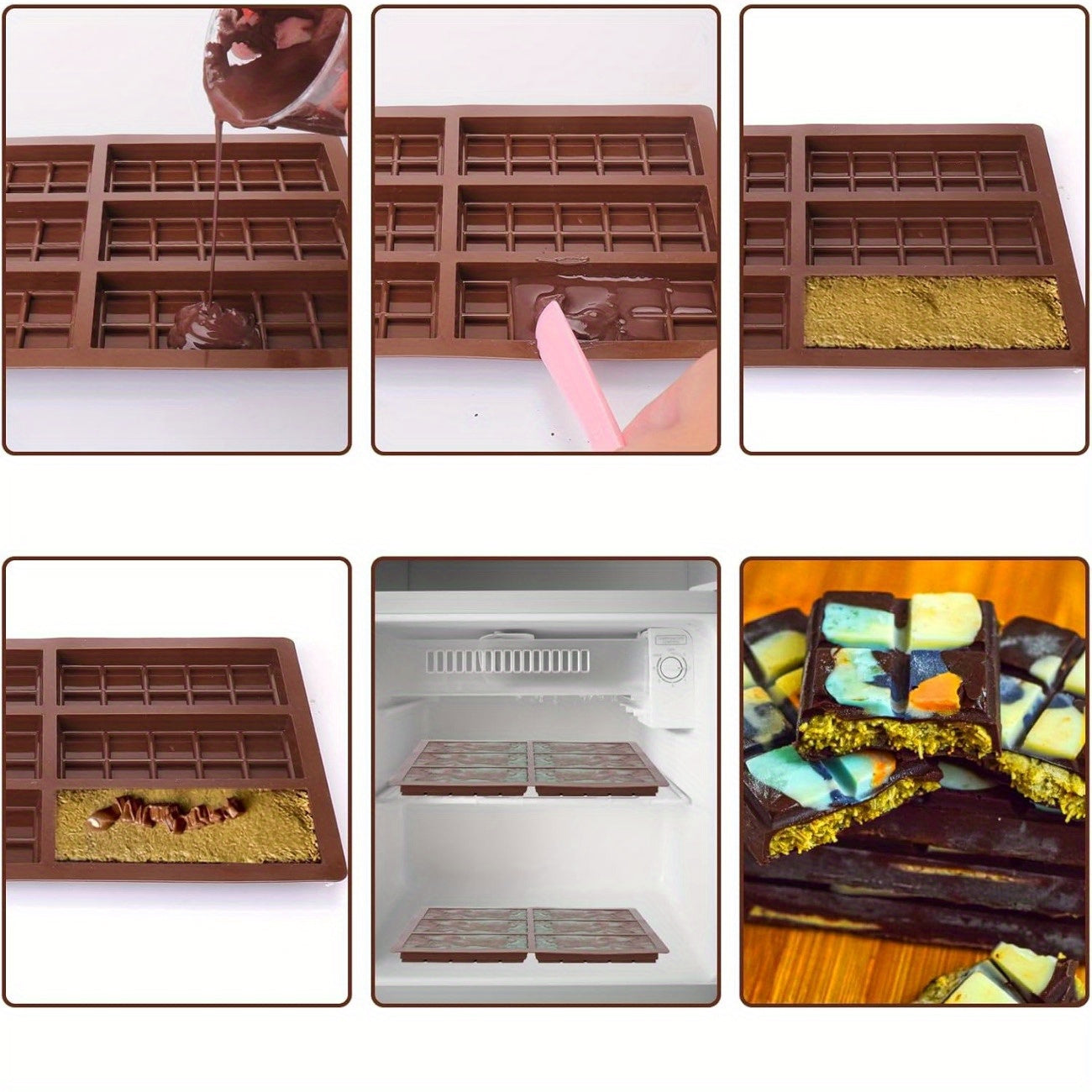 Set of 1 rectangular silicone mold, featuring 6 grids for creating perfectly shaped chocolates. Non-stick, easy to demould, and durable.