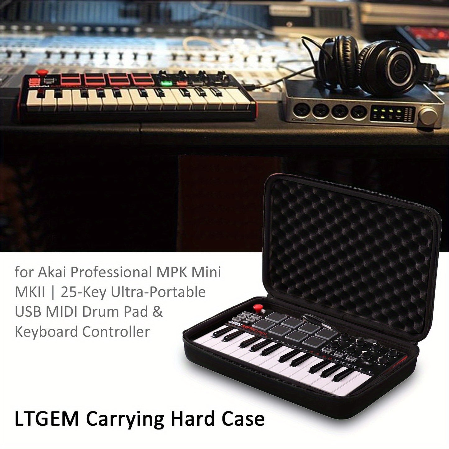 Travel carry case for Akai Professional MPK Mini MK3/MKII/Play controller, hardshell EVA protective bag for 25-key USB MIDI controllers.