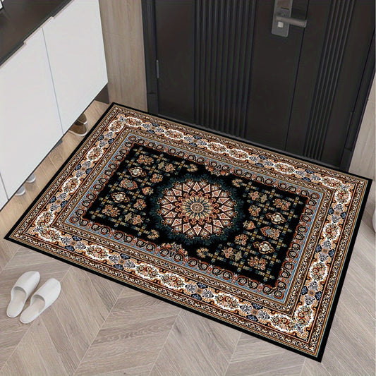 This vintage Persian-inspired washable rug with non-slip backing is perfect for home or hotel decor. Its versatile use and low pile make it a great addition to any space.