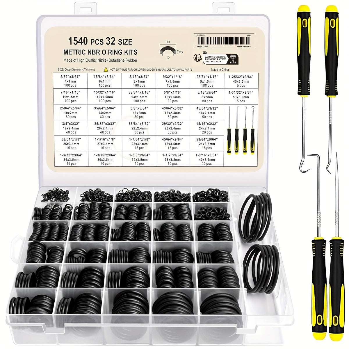 Large O-Ring Kit with 1540 Pieces and Tools for Various Applications, Includes 32 Sizes of Metric NBR Rubber O-Rings