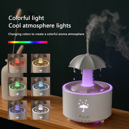 A rotating umbrella humidifier with water droplets and large mist output, desktop aromatherapy machine with colorful lights, remote control included, ideal for bedrooms and offices.