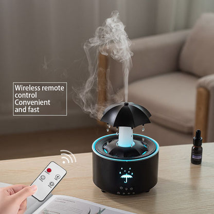 A rotating umbrella humidifier with water droplets and large mist output, desktop aromatherapy machine with colorful lights, remote control included, ideal for bedrooms and offices.